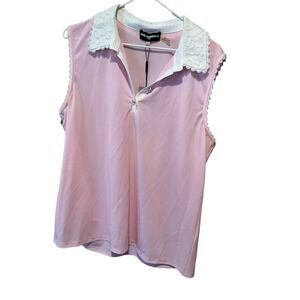 Karl Lagerfeld Blouse Lace Top Women's L Pink Sleeveless Spread Collar Polyester